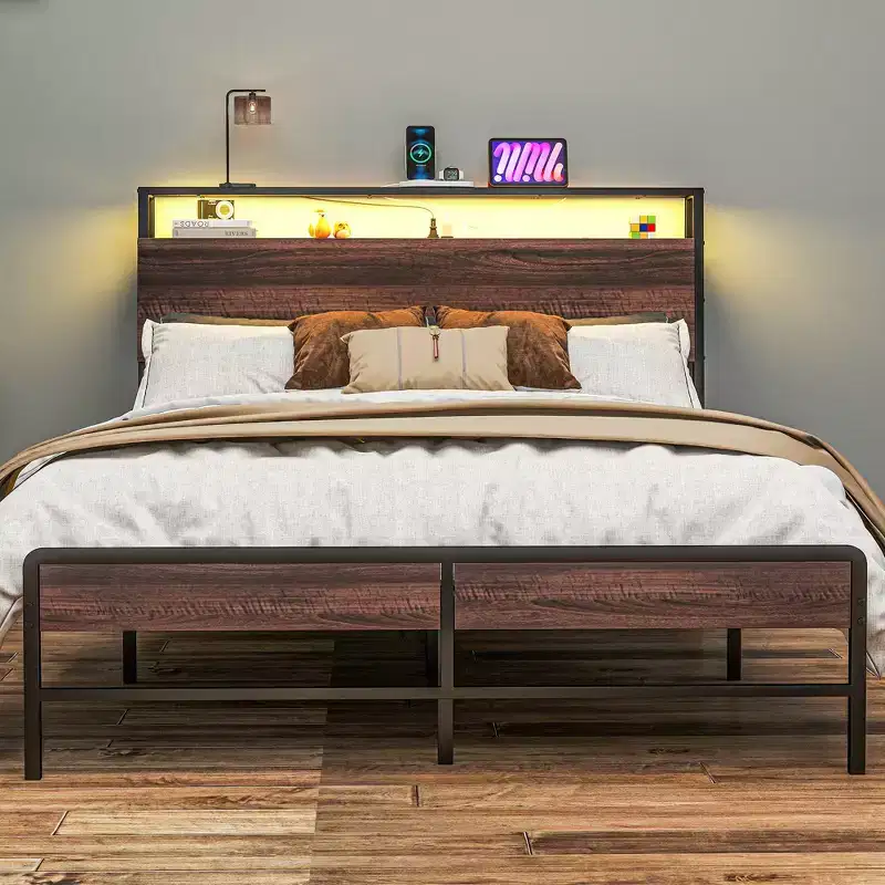 Bed Frame with Headboard, Lights, Charging Station, Storage Shelf, Noise-Free & No Box Spring Needed, Walnut