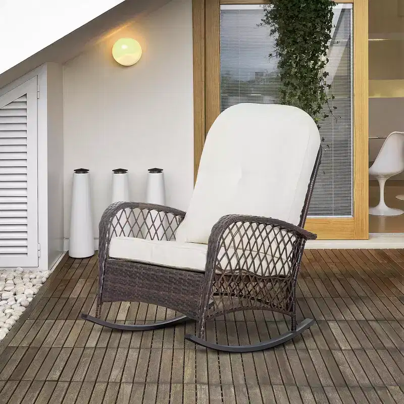 Outsunny Outdoor Wicker Rocking Chair, Patio PE Rattan Recliner Rocker Chair with Soft Cushion, for Garden Backyard Porch
