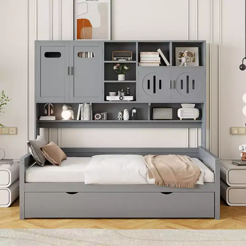 Twin/Full Size Daybed with Twin Size Trundle and All-in-One Cabinet and Shelf-