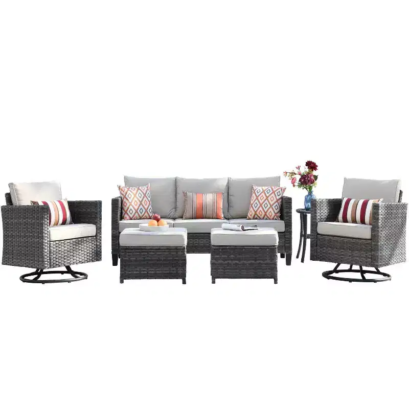 Ovios Tampa 6pc Wicker Outdoor Patio Furniture Conversation Sofa Set with Swivel Chairs and Cushions