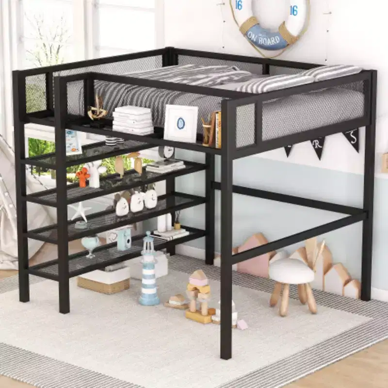 Metal Loft Bed with 4 Layers of Shelves, Full Size Mattress
