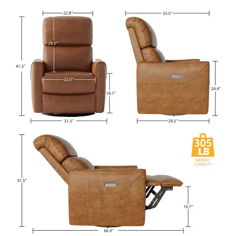 PU Leather Power Swivel Glider Recliner Nursery Rocker with Lumbar Support, USB Charging Port & Mid-Century Modern Design (Brown)