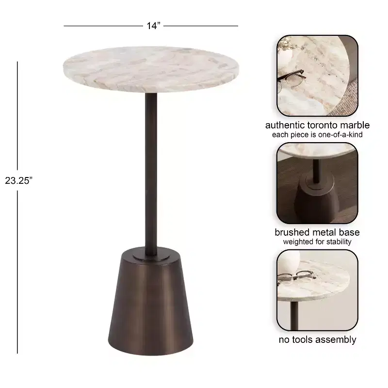 Kate and Laurel Tira Round Marble and Metal Side Table, Brown, 14x14x24