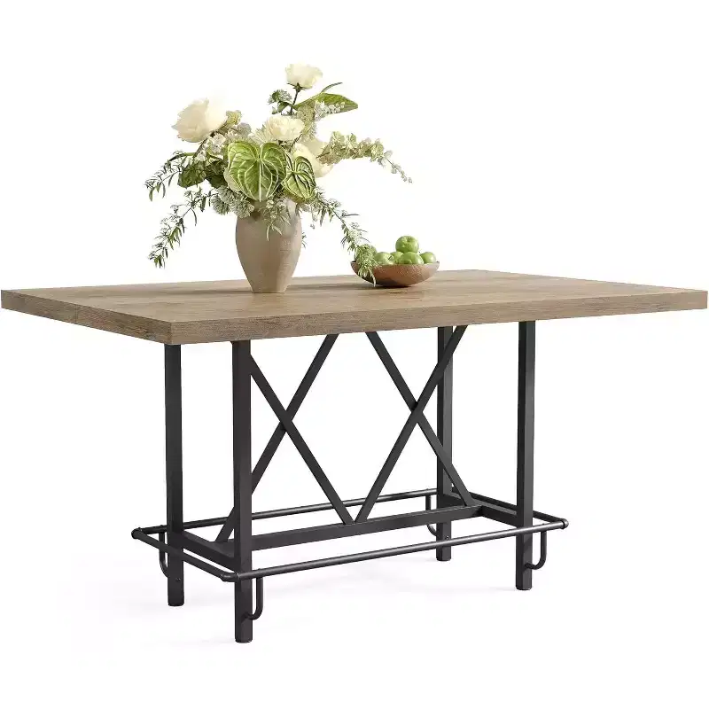 Lantine 63-Inch Industrial Bar Table with Metal Footrest, Counter Height Pub Table for Kitchen, Home Bar & Entertaining (Rustic Gray)