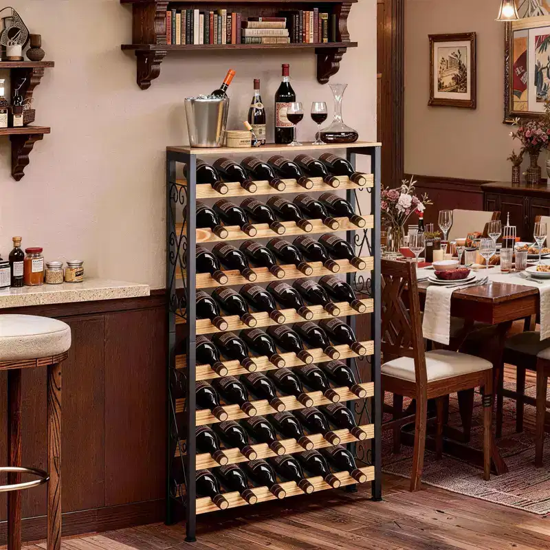 VEVOR 48 Bottle Wine Rack,8-Tier Iron Wine Bottle Holder With Wood Table Top,Freestanding Floor Display Wine Storage Shelves, Black