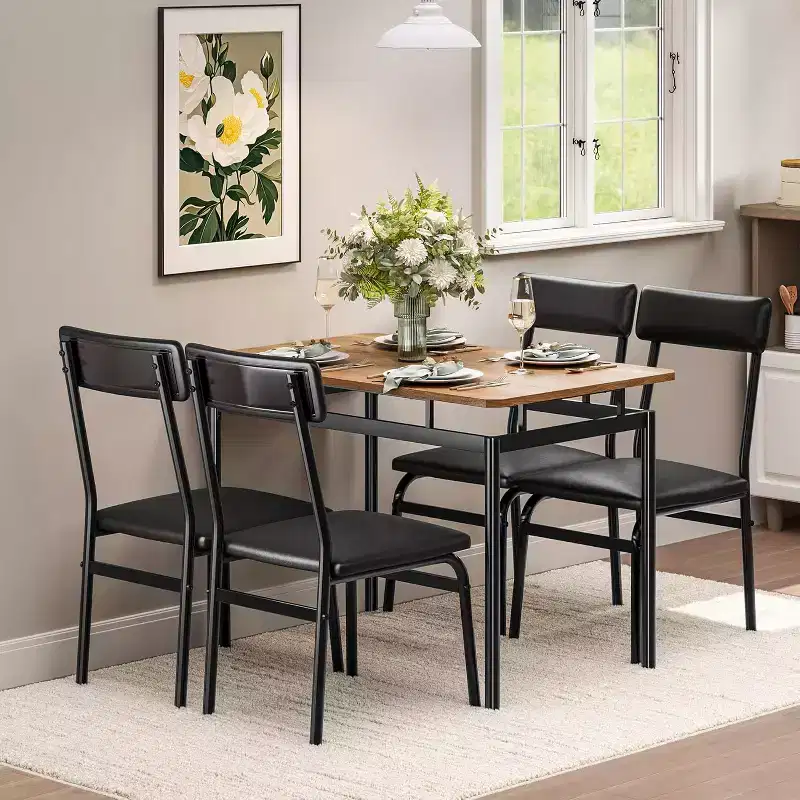 5 Piece Dining Table Set, Wooden Kitchen Table Set with 4 PU Upholstered Chair, Industrial Metal Frame Dinette Set