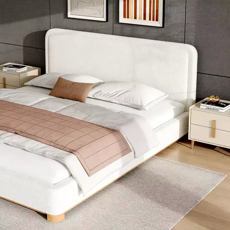 ModernLuxe Queen/King Size Platform Bed Frame, Modern Mid-Century Upholstered Bed with Curved Headboard & Rubberwood Base, White