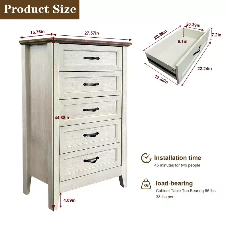 Wooden drawer cabinet, tall rustic-style vanity with wide metal handles, suitable for storage organization in bedrooms, hallways, and living rooms.