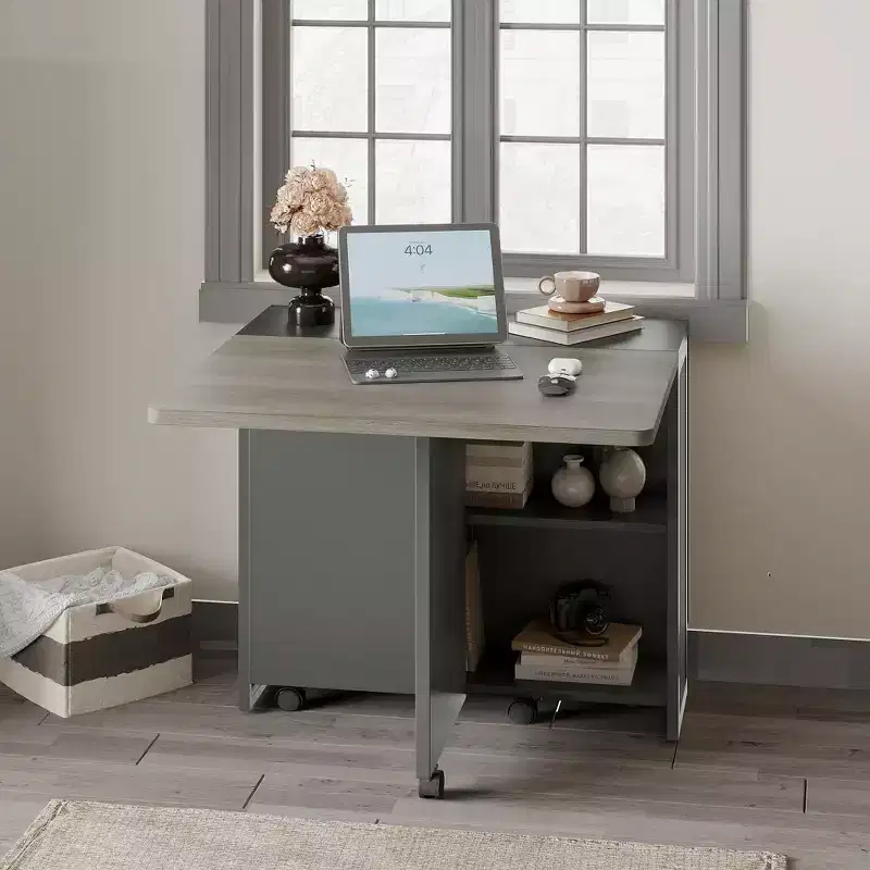 Folding Dining Table, Farmhouse Dining Table for 4 Storage Shelf, 6 Wheels Multipose Expandable Kitchen Drop Leaf Table