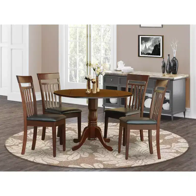 Dining Set for 4 with Dropleaf Table and Chairs, Small Round Pedestal Table with Ladder Back Chairs, Mahogany Finish