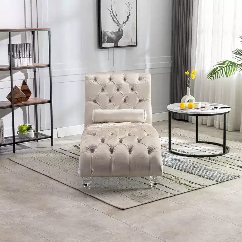Luxurious Velvet Button Tufted Chaise Lounge Chair with Transparent Feet,Comfy Upholstered Accent Chair for Bedroom,Living Room,Office