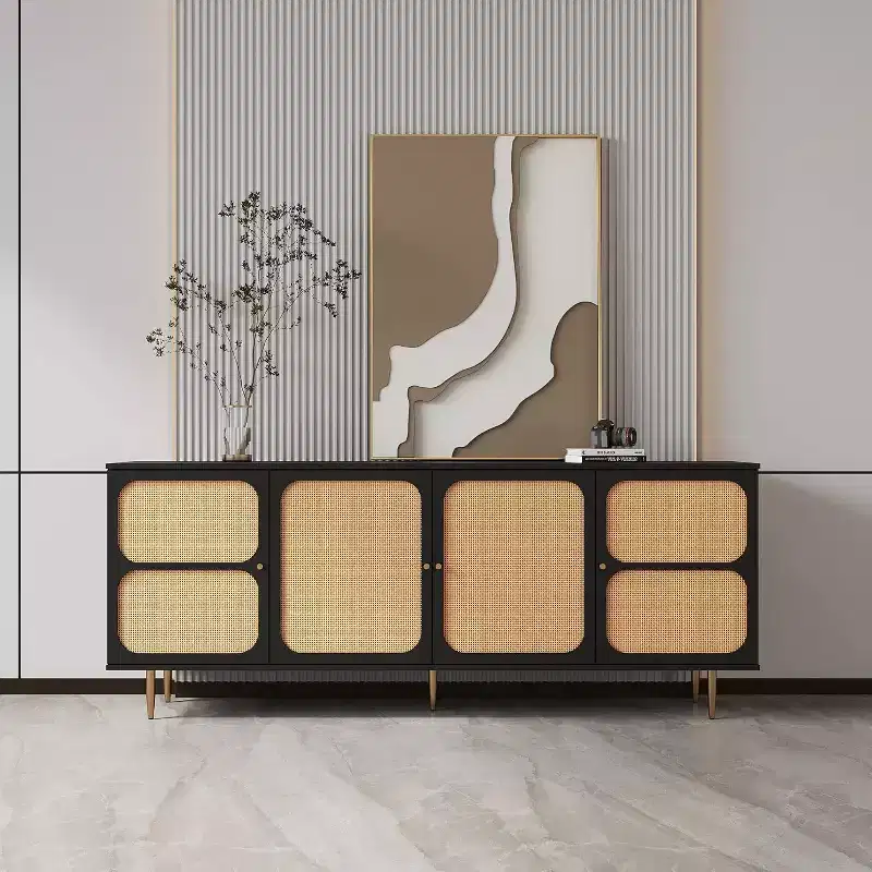 Sideboard Buffet Cabinet with Rattan Doors, Console Table Storage for Kitchen, Dining, Living Room, Hallway, Black