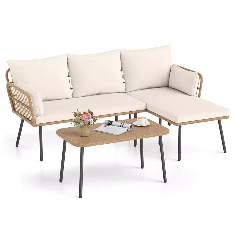 Costway 3 Pieces L-Shaped Patio Furniture Set with Coffee Table, Removable Cushions Mix Yellow+Off White