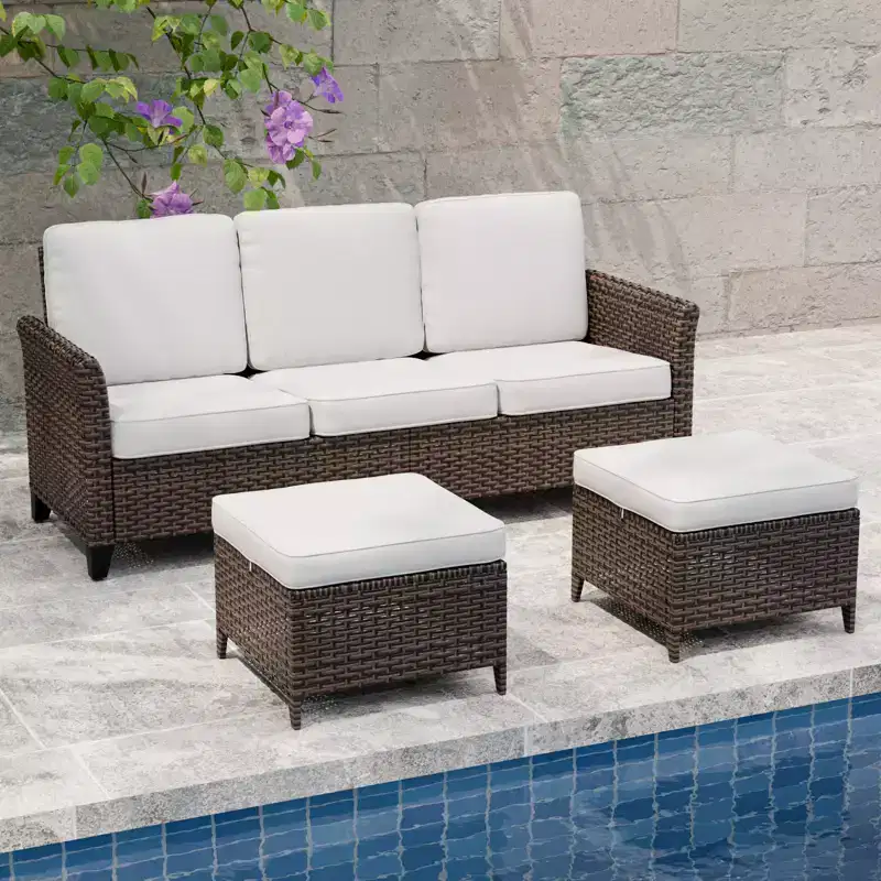 EAGLE PEAK Ocean Vista 3 piece Outdoor Wicker Couch Sofa, Variated Wicker Conversation 3-Seat Sofa Set with Ottomans