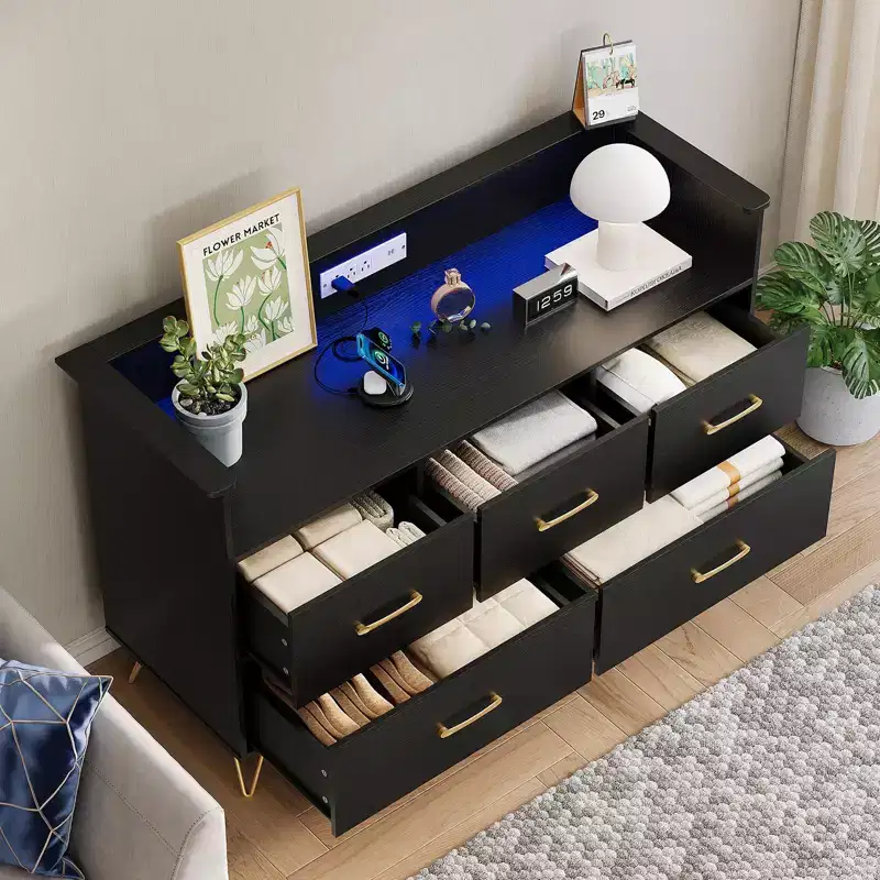Dresser for Bedroom, 47 Wide Chest of Drawers with LED Lights, Charging Station & 5 Smooth-Sliding Drawers, Modern Wood Storage Cabinet
