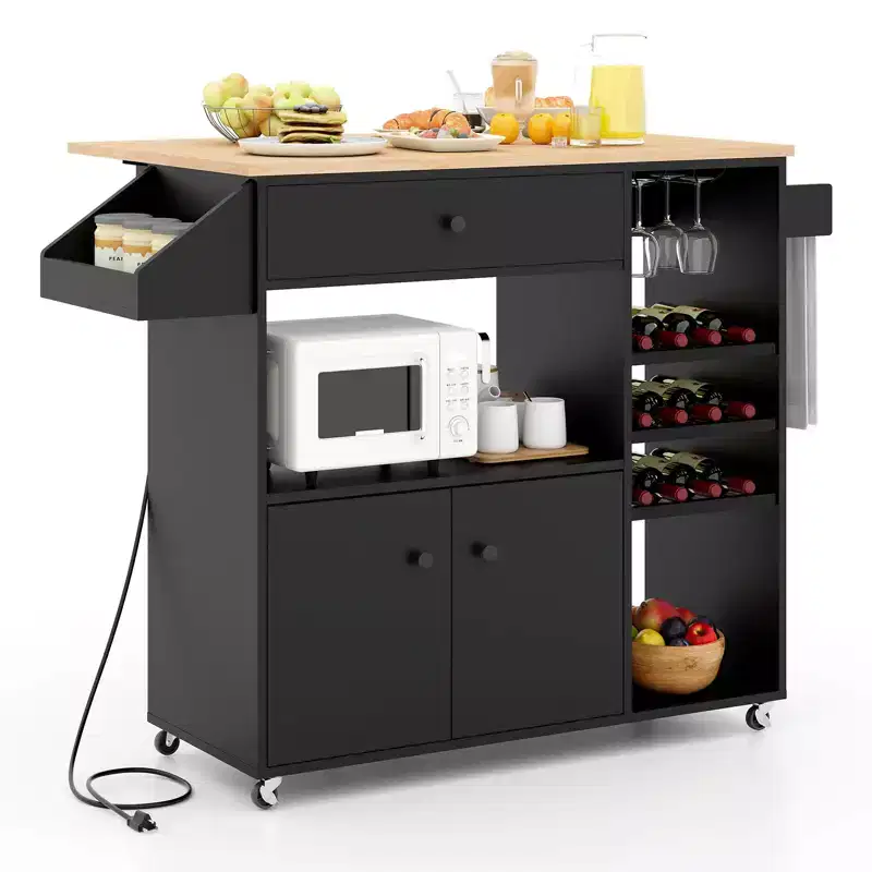 Drop Leaf Kitchen Island Cart with Power Outlet, Microwave Shelf, and Mobile Storage