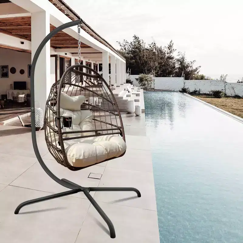 Okak Outdoor Wicker Egg Chair with C Type Bracket, Patio Accent Chair with Cushions and Pillow, Porch Chairs for Balcony, Garden, Backyard, Brown