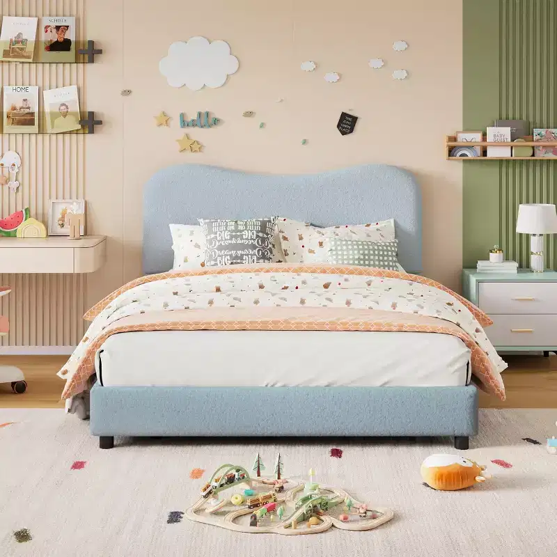 Soft Upholstered Kids Bed Frame, Twin Size, Low Profile, Strong Wood Slats, No Box Spring