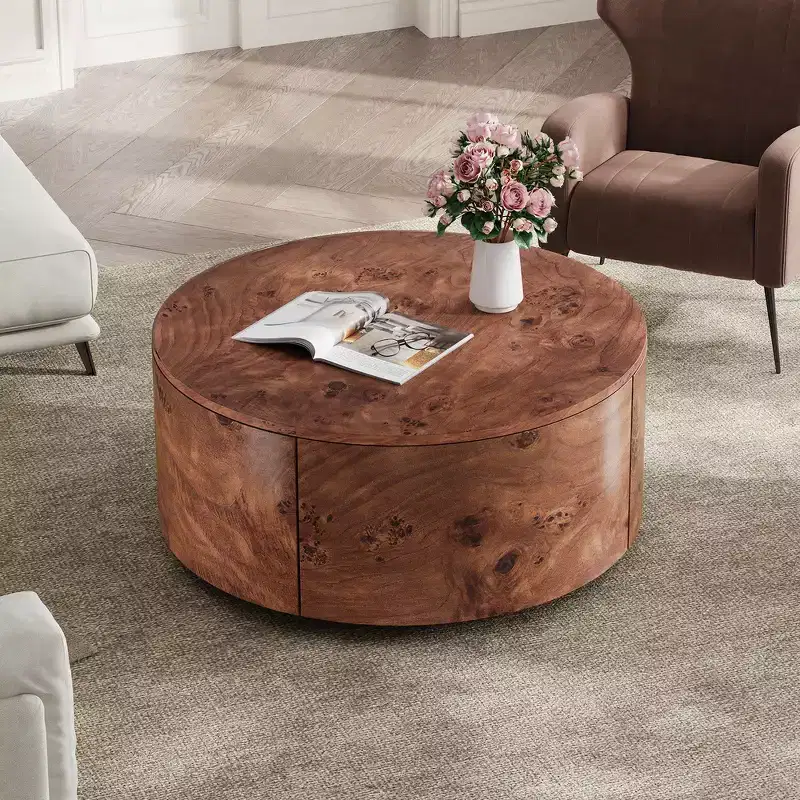 Whisen 360 Swivel Accent Coffee Table with Rich Burl Wood Veneer & 2 Hidden Storage Drawers - Walnut
