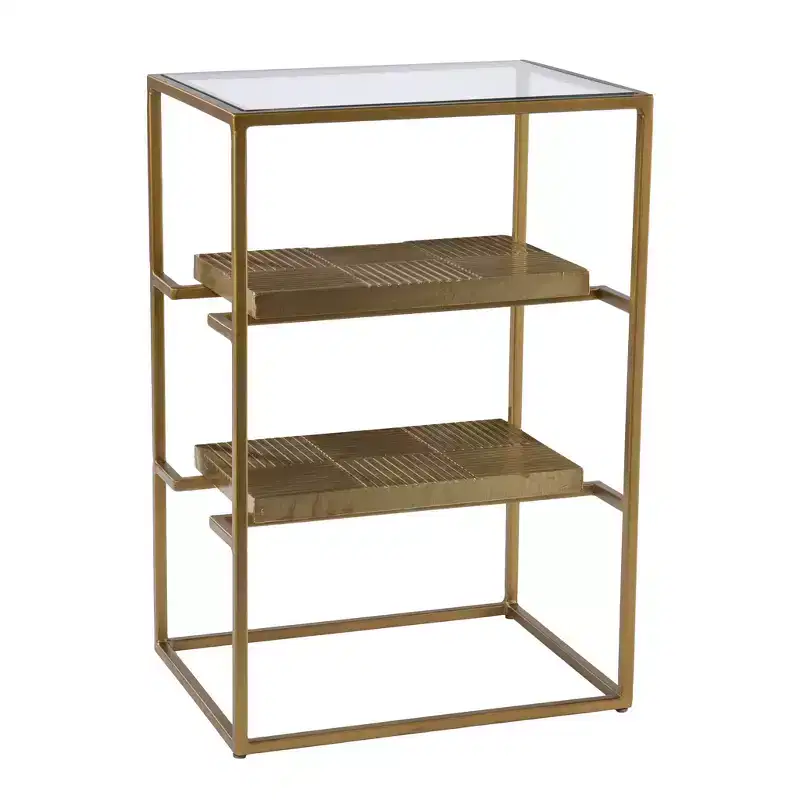 24 Brass Glass And Iron Rectangular End Table With Two Shelves