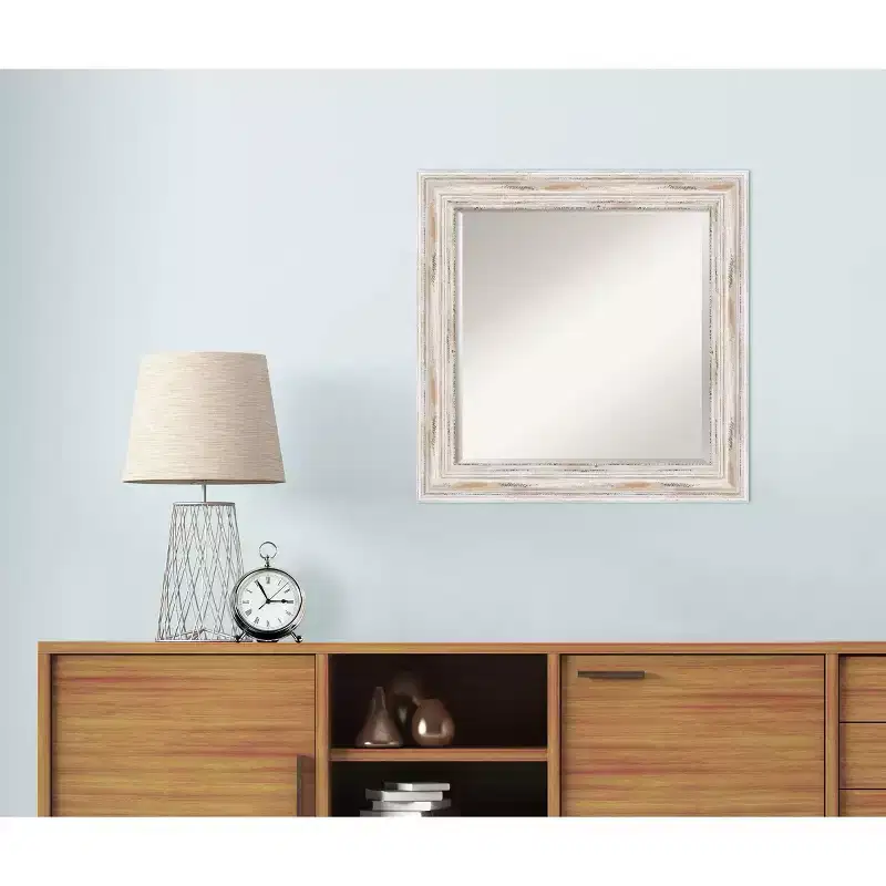 25x25 White Wash Framed Wall Mirror, Distressed Wood, Beveled Glass