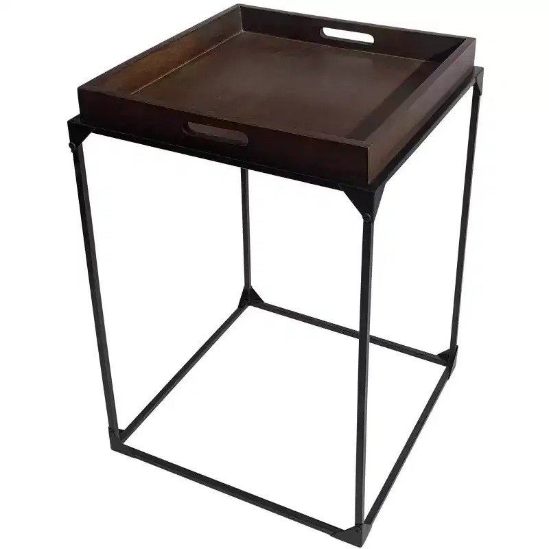 HomeRoots 29 Dark Brown and Black Solid Wood and Iron Square Frame End Table
