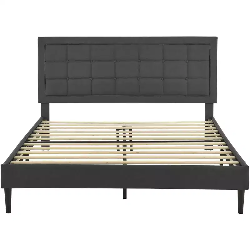 Upholstered Platform Full Size Bed Frame with Button-Tufted Headboard & Wood Slat Support