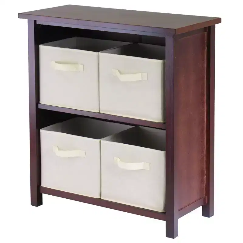 5pc Verona Storage Shelf with Folding Fabric Baskets Walnut/White: Mid-Century Modern Design, Wood Composite