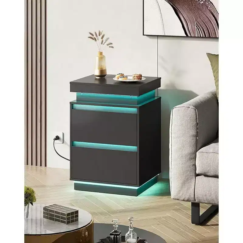 LED Light Nightstand with Charging Station - 2 Wooden Drawers & Sliding Top, Modern Bedside End Table for Bedroom, Living Room