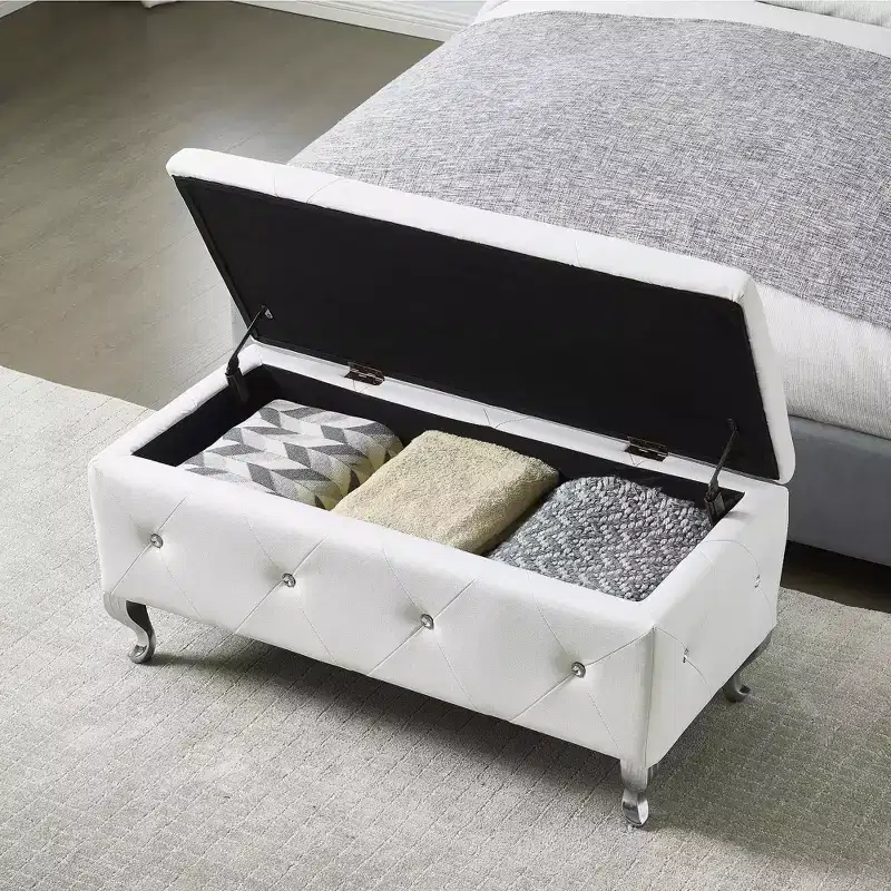 EHMKNP White Faux Leather Upholstered Storage Ottoman Bench with Crystal Buttons, Rectangular Footrest for Bedroom, Living Room, Entryway