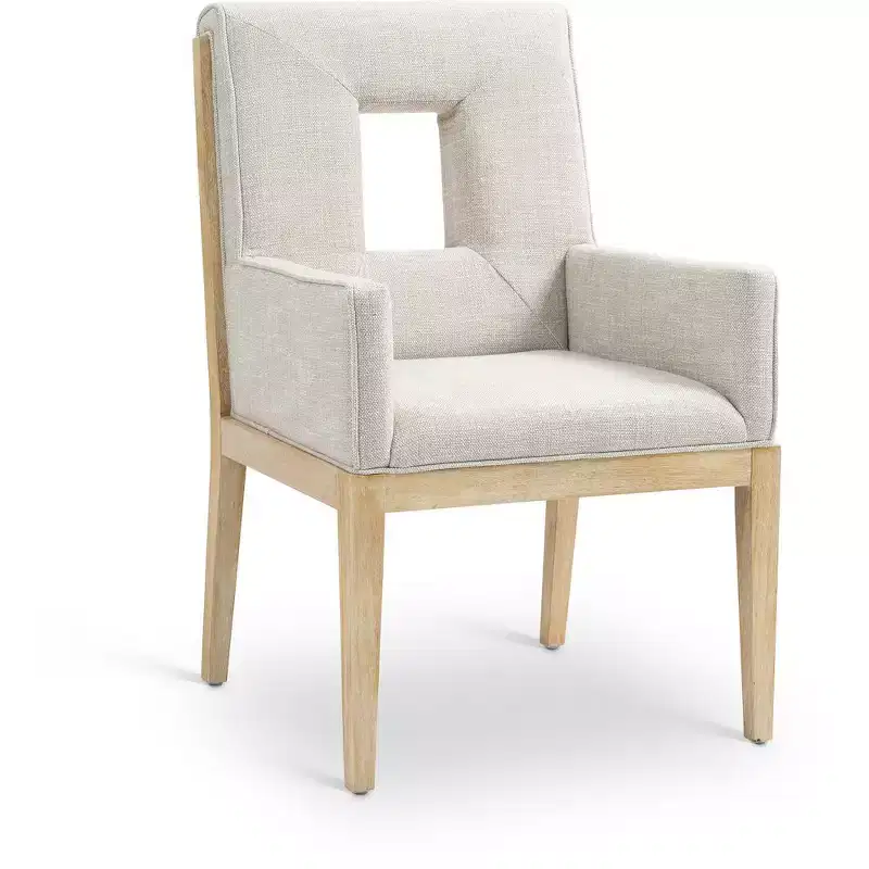 Cream Linen Textured Dining Arm Chair – Mid-Century Modern, Solid Wood Frame, Natural Oak Finish