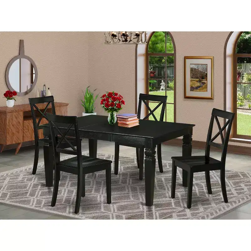 HomeStock Belmont 5Pc Rectangle 42/60 Inch Table With 18 In Self Storing Butterfly Leaf And Four Wood Seat Dining Chairs, Black