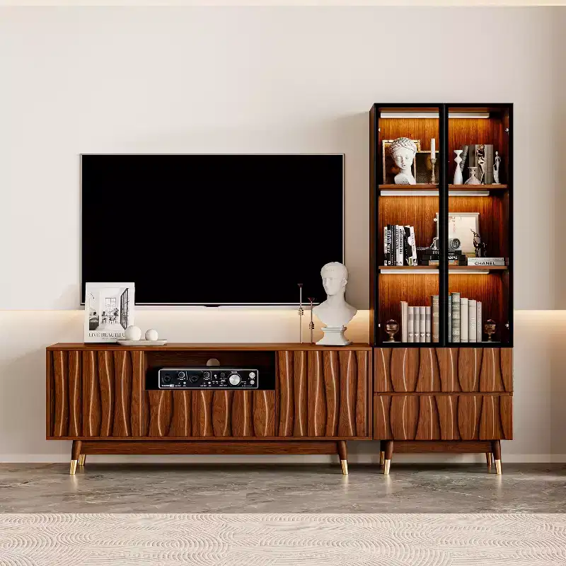 Walnut Mid-Century Modern TV Stand and 3-Tier Glass Display Cabinet with Drawers