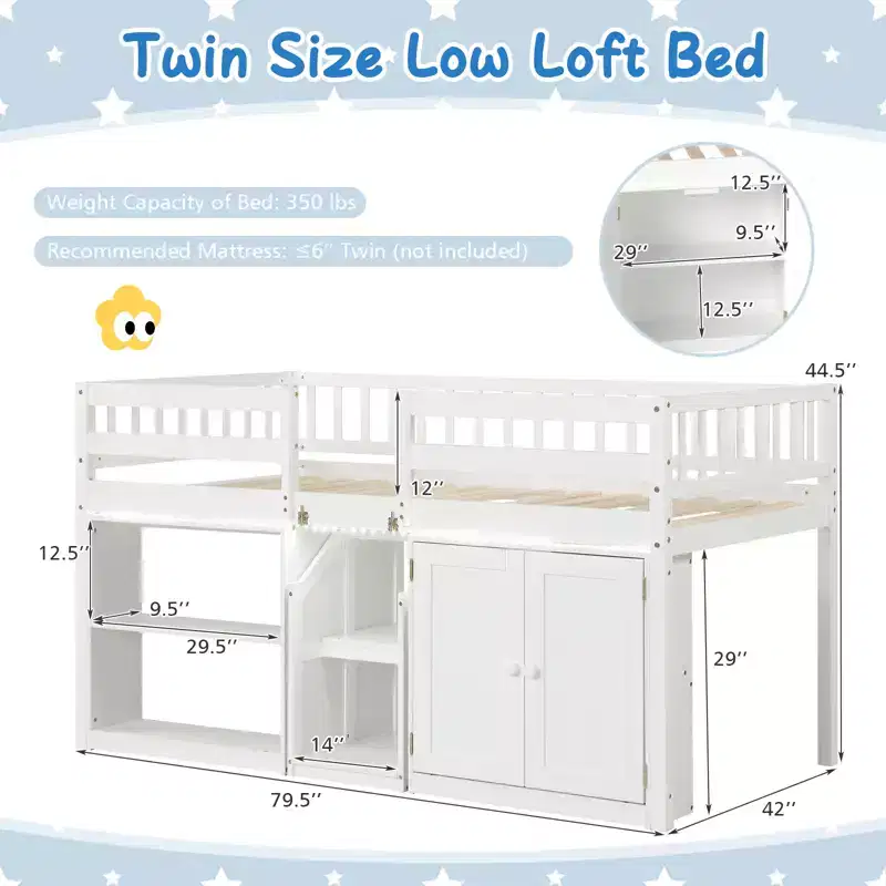 Twin Low Loft Bed with LED Light, Stairs & Guardrails, Modern Pine Wood Kids Bed, White/Mint/Gray