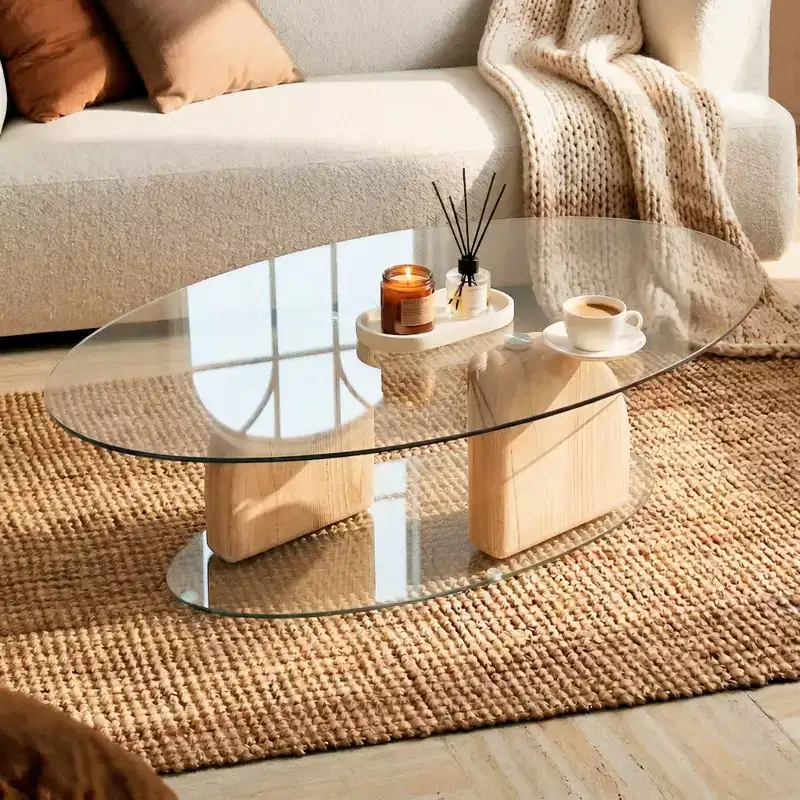 Oval Glass and Lightweight Concrete Coffee Table