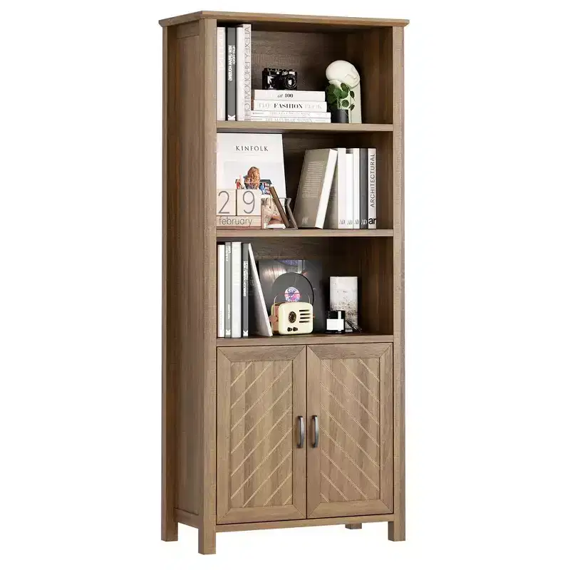 Farmhouse Bookshelves and Bookcases with Doors, 5-Tier Storage Bookshelf-Bookcase, Wooden Shelf Bookshelves