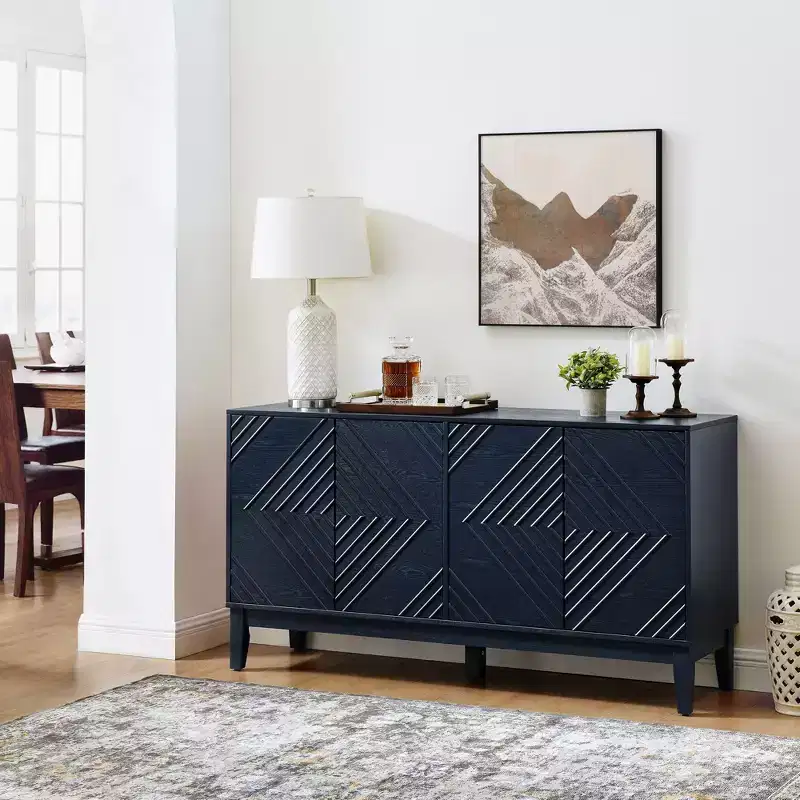 60 Storage Sideboard Cabinet with Geometric Pattern Doors & Adjustable Shelves, Modern Console Table TV Stand, Coffee Bar Buffet Table for Kitchen