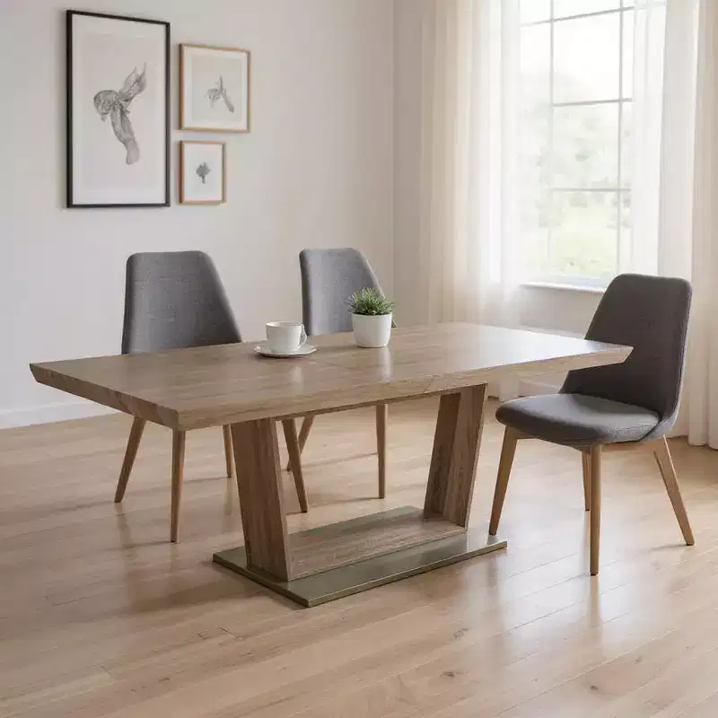 HomeRoots 71 Gray Wood and Metal Self-Storing Leaf Pedestal Base Extendable Dining Table
