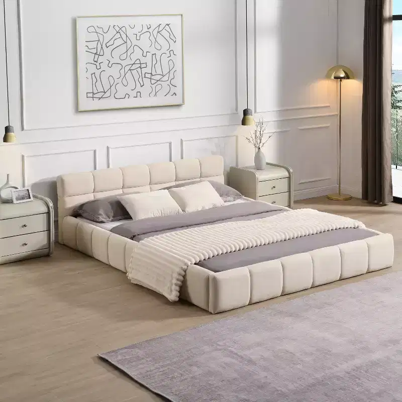 Queen/King Size Elegant Chenille Upholstered Platform Bed Frame, Checkerboard Design Bed, Beige - ModernLuxe