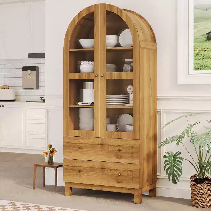 Farmhouse Arched Pantry Cabinet, Tall Kitchen Storage Cupboard with Drawers, Adjustable Shelves & Acrylic Doors, Light Oak