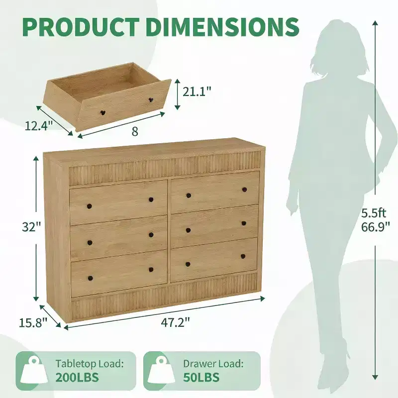 6 Drawer Dresser for Bedroom,Wooden Fluted Chest of Drawers,Modern Oak Storage Organizer for Living Room,Hallway, Entryway