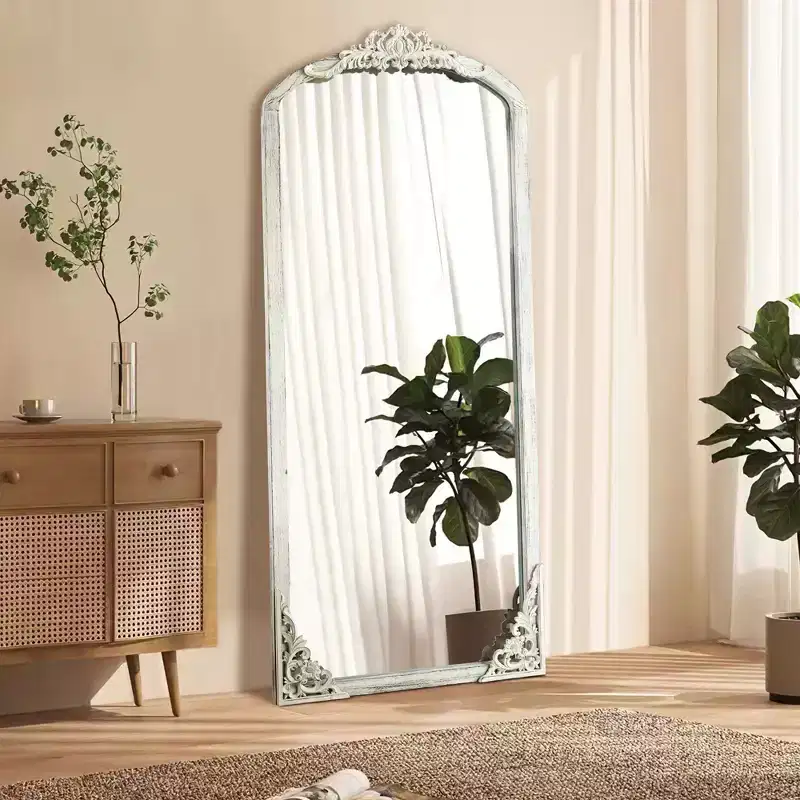 Carved Flower Solid Wood Full-Length Mirror, Weathered White, 170x70cm, Wall Mount