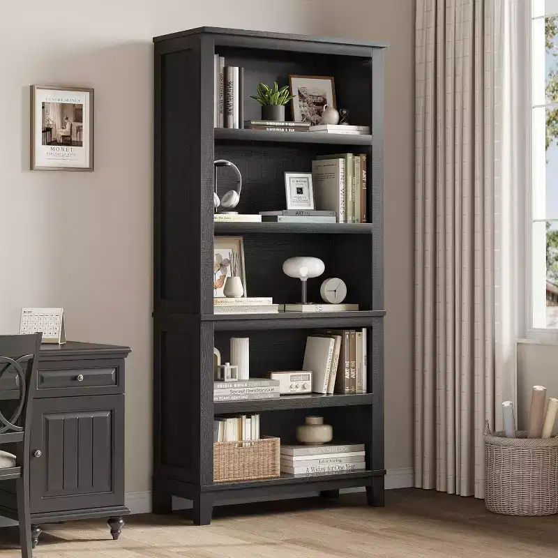 71 Farmhouse Bookcase - 5-Tier Adjustable Shelf, 31.5 Wide with Wooden Legs, Rustic Vintage Style for Living Room & Office