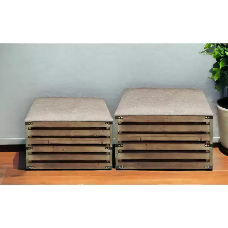 Set of Two Brown Wood Slat and Upholstery Storage Benches with Flip Top