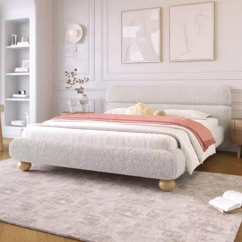 GDFStudio Philemon Contemporary Low Profile Upholstered Queen Size Bed with Teddy Fleece Fabric and Wood Legs