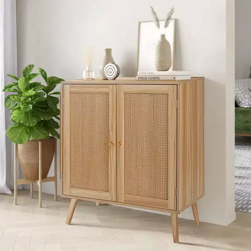 Rattan Buffet Cabinet with Storage, Farmhouse Sideboard with Adjustable Shelves & Wood Feet