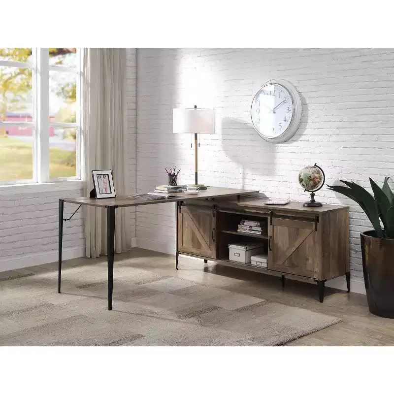 48 Inch L-Shape Writing Desk, Modern Computer Desk with Sliding Barn Door Storage, Cord Management, Metal Legs for Home Office