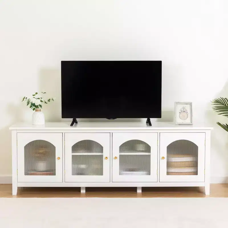 Modern TV Stand for 70 Inch TV, Media Console with Hard Wood Frame, Entertainment Center with Glass Door and Metal Handle for Living Room