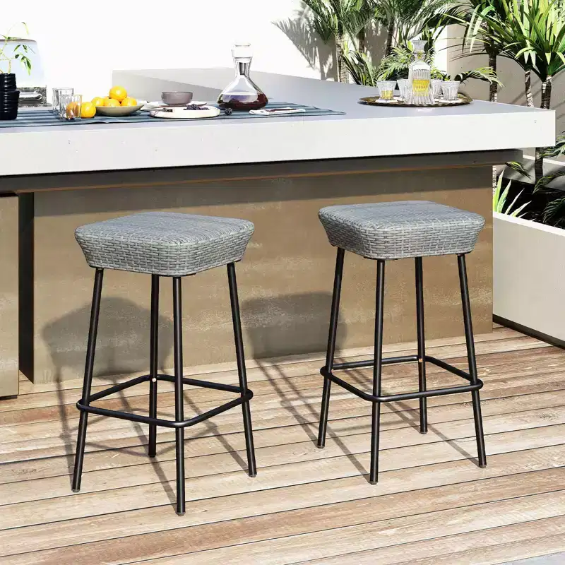 Costway 29.5 Metal Bar Height Stools Set of 2 w/ Rattan Seat & Footrest for Backyard
