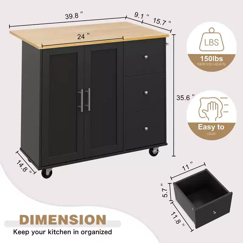 39.8 W Rolling Kitchen Island Cart, Movable Utility Cabinet with 3 Drawer, 2 Door, Towel Rack for Dining Room